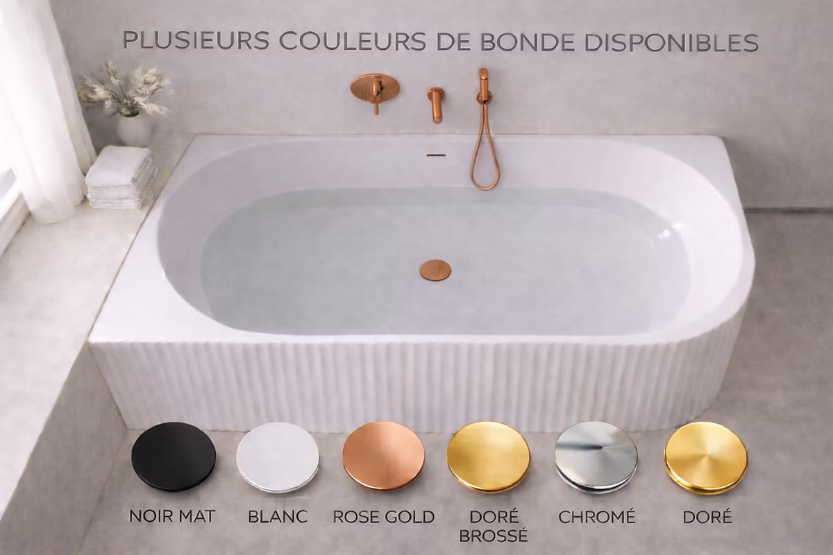 Baignoire d'angle droite | 160 × 75 cm – Blanc brillant rainure avec bonde cuivre – PERLE
