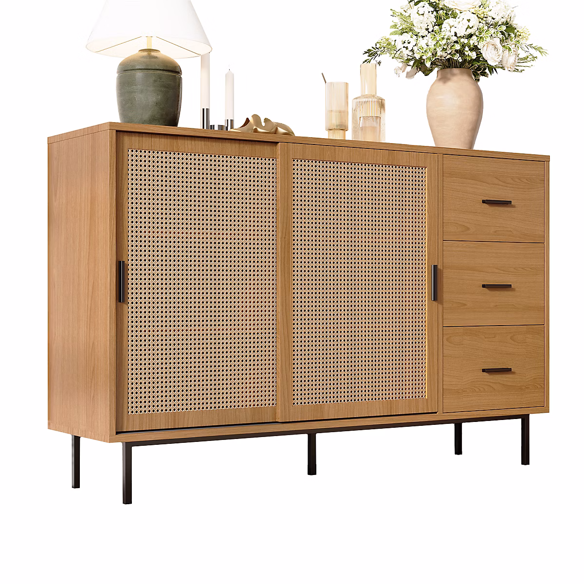 Buffet Campagne 140cm – 2 Portes Coulissantes, 3 Tiroirs, Étages Réglables
