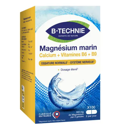 Magnésium marin vitamines Calcium + vitamines B6 et B9 B-Technie - les 100 gélules végétales