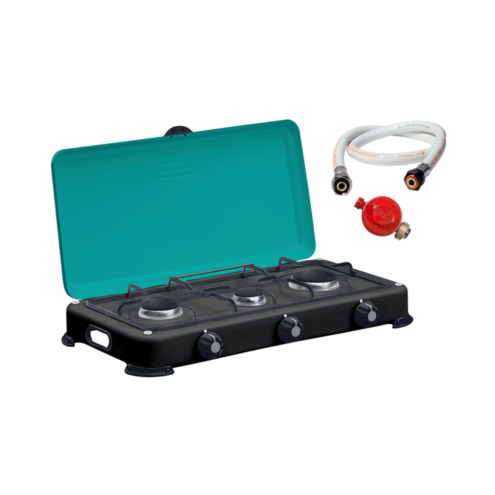 INTEC Réchaud à gaz portable 3 feux 4100w brûleurs + grille en fonte amovibles + tuyau gaz + détendeur propane gold iii intec