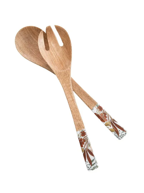 Lot de 2 couverts décor floral coloris marron en bois de manguier - 33 x 7 x 2 cm