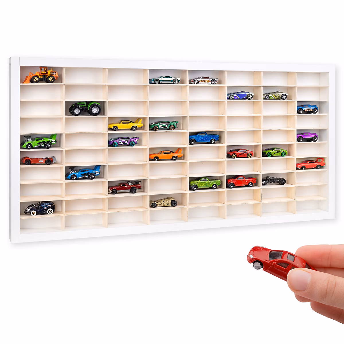 Creative Deco Étagère Murale Blanc en Bois 80 Voitures de Collection – Compartiments Ajustables Vitrine Verticale 80 x 41 x 5, 5 cm