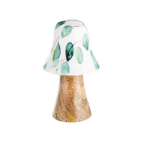 Champignon décoratif long à poser avec pied en bois et chapeau vert et blanc - Ø 6 x H 10 cm