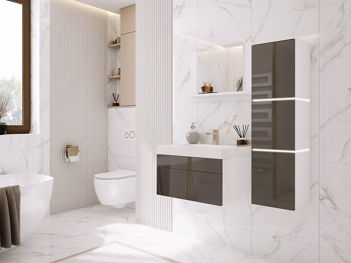 Ensemble Meuble Salle De Bain – Blanc Mat, Gris Brillant, 90 × 110 Cm