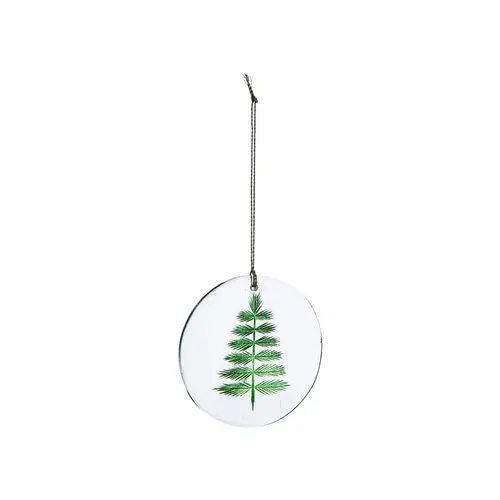 Décoration à suspendre ronde en verre transparent à motif branche verte - Ø 7,5 cm