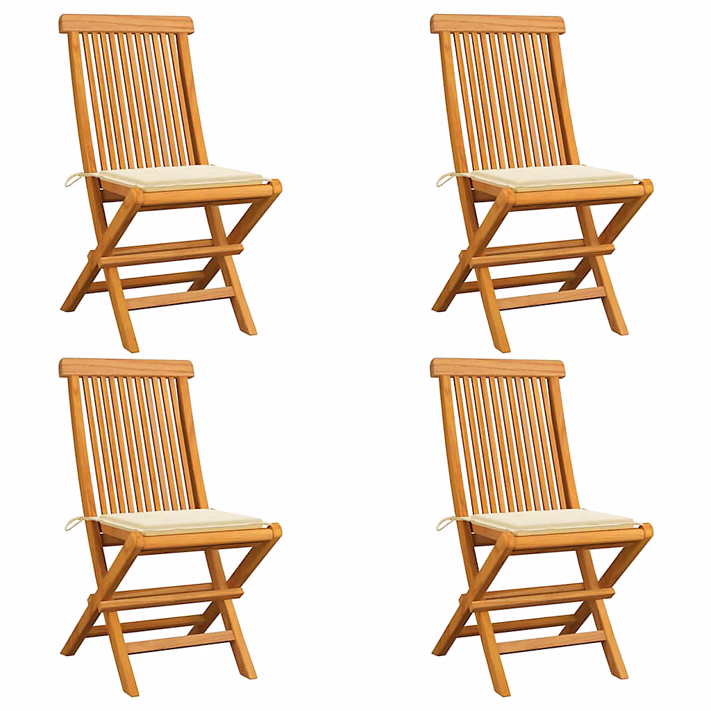Chaises pliantes avec coussins crème – 4 pièces, en bois de teck massif vidaXL