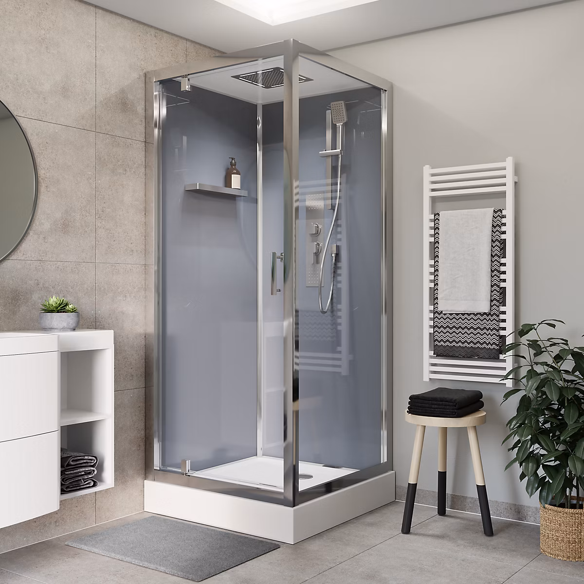 Cabine de douche l.90 x L.90 x H.220 cm – hydromassante, fond gris profilés chromés, traitement anticalcaire, GoodHome Beloya – Réf. EBLHQXRAJ8940387887