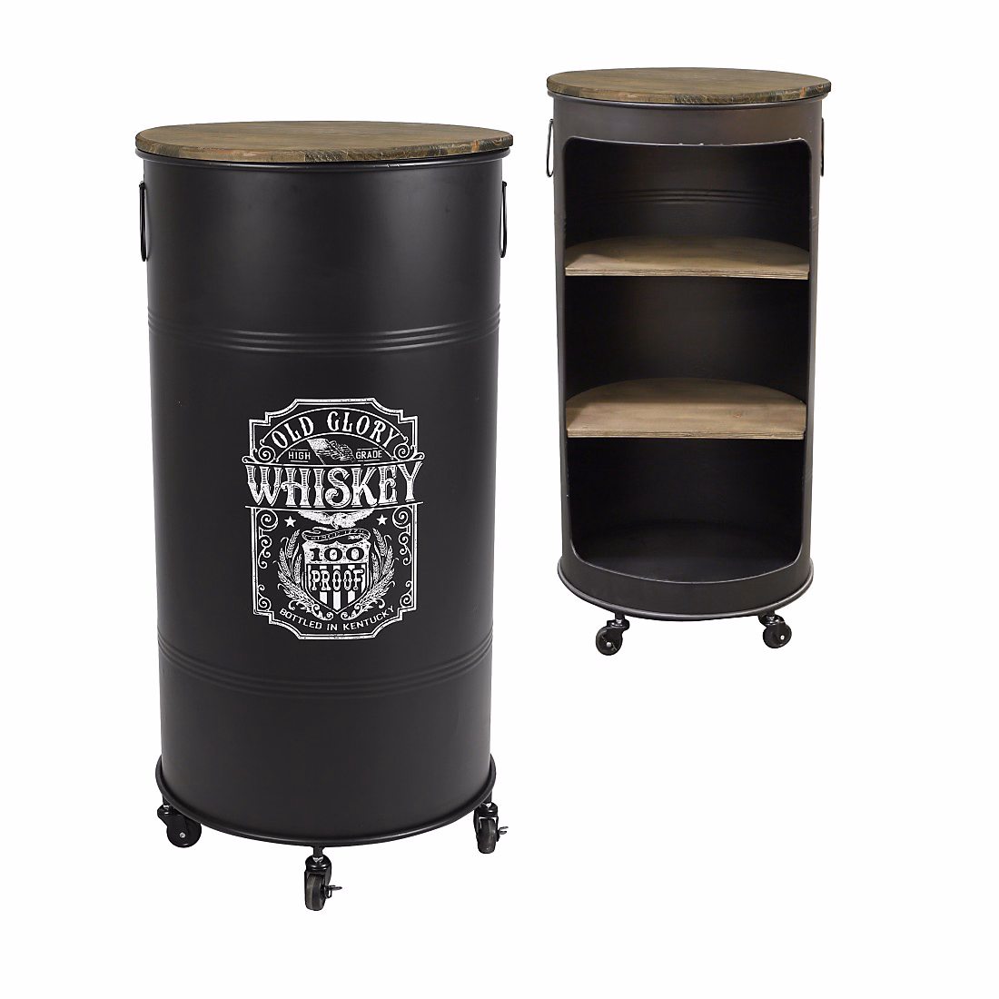 Bar bidon ouvert avec roulettes style industriel collection OLD GLORY. Diamètre 50cm – hauteur 100cm