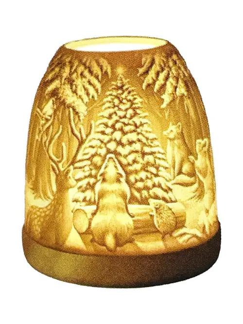 Photophore mini igloo en céramique blanche et socle bois motif animaux de la forêt - Ø 9 x H 11 cm