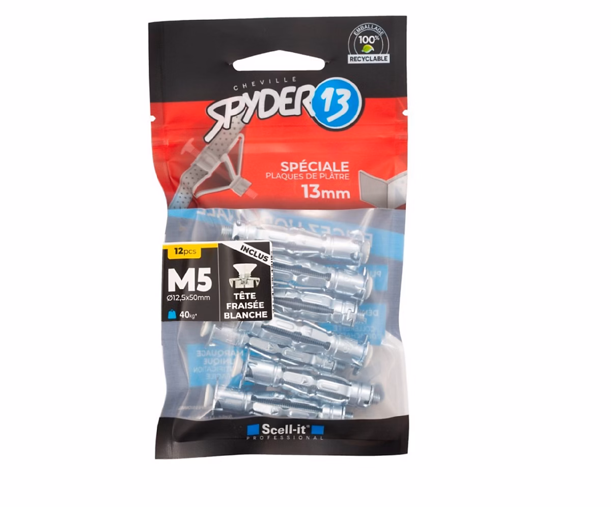 12 chevilles corps creux acier zingué Spyder M5 13mm + vis tête fraisée blanche – Réf. WSHPOJUHN4528365172