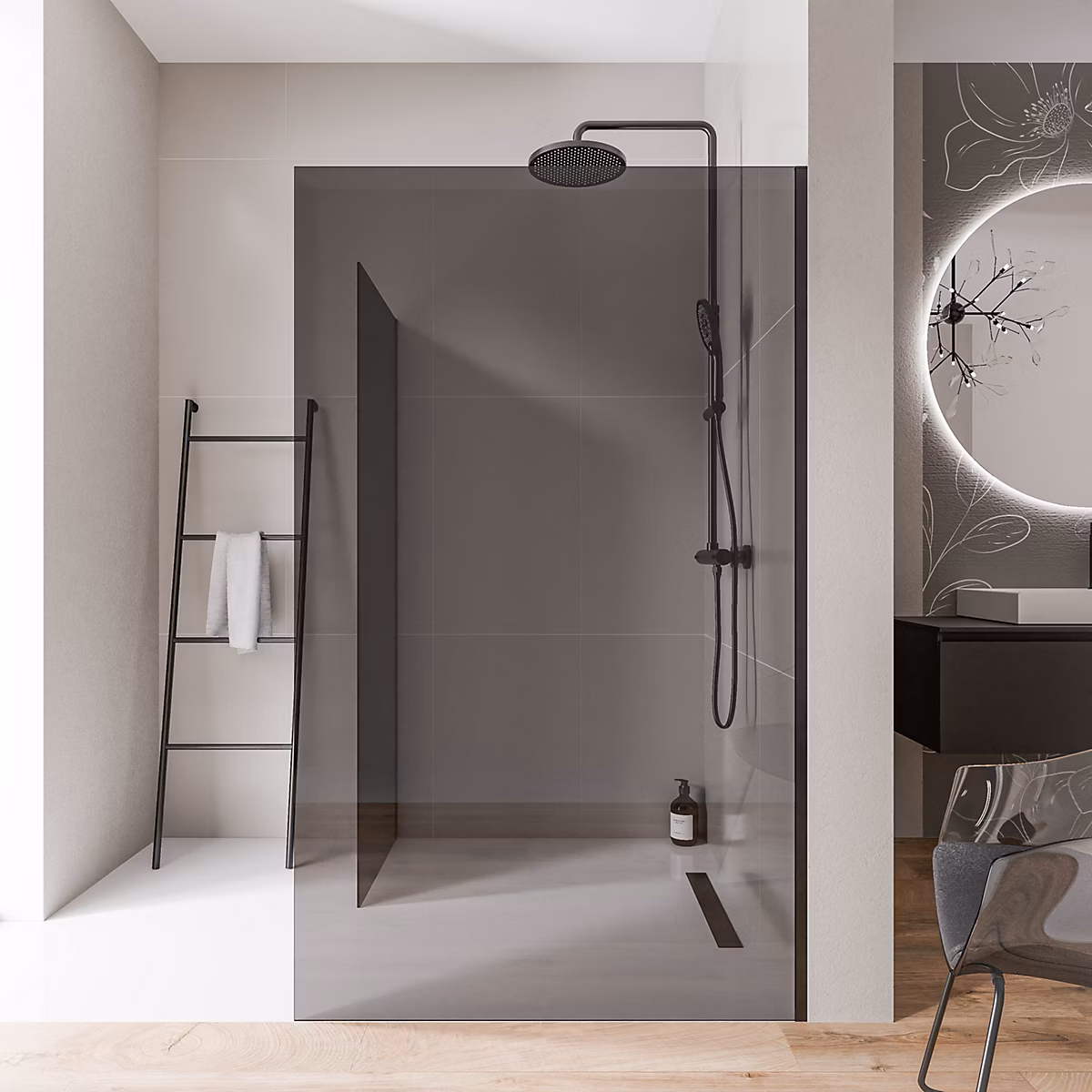 2 Parois de douche italienne d'angle 80 × 200cm + 100cm – verre fumé NANO 10mm, profilé mural inox noir mat, sans profilé sol, EX102