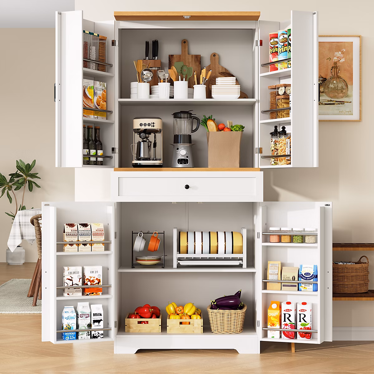 Buffet Haut de Cuisine avec Plateau et 12 Compartiments Fermés – Meuble de Rangement en MDF et Métal, Blanc, 80 × 40 × 180 cm