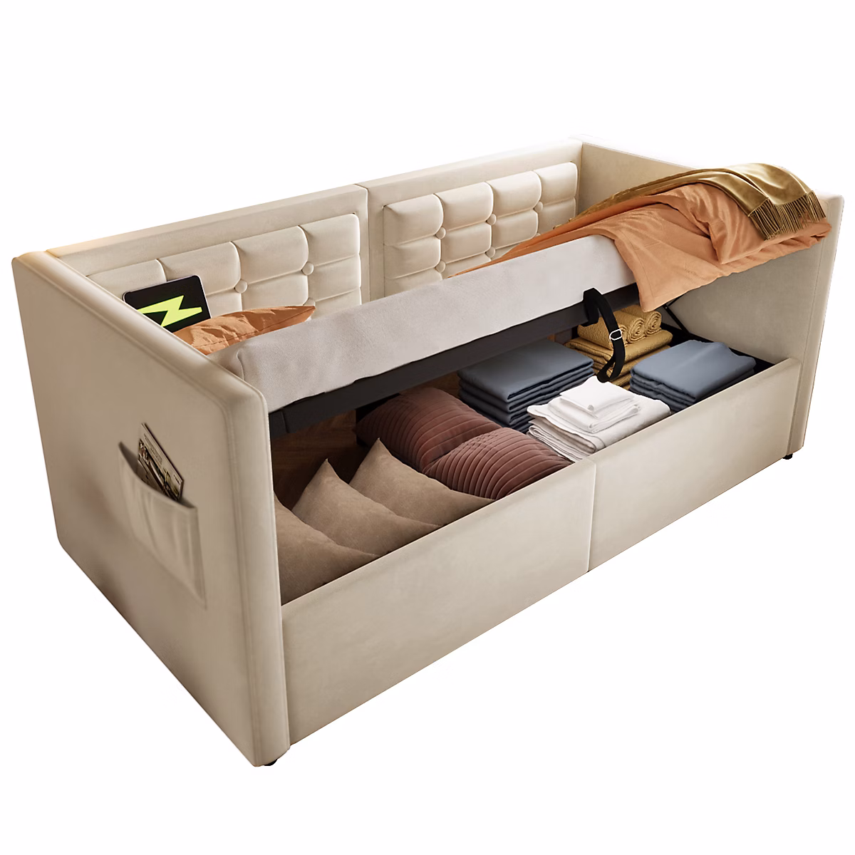 Canapé 3 places convertible 200 × 90 × 85 cm avec coffre de rangement en tissu – design contemporain