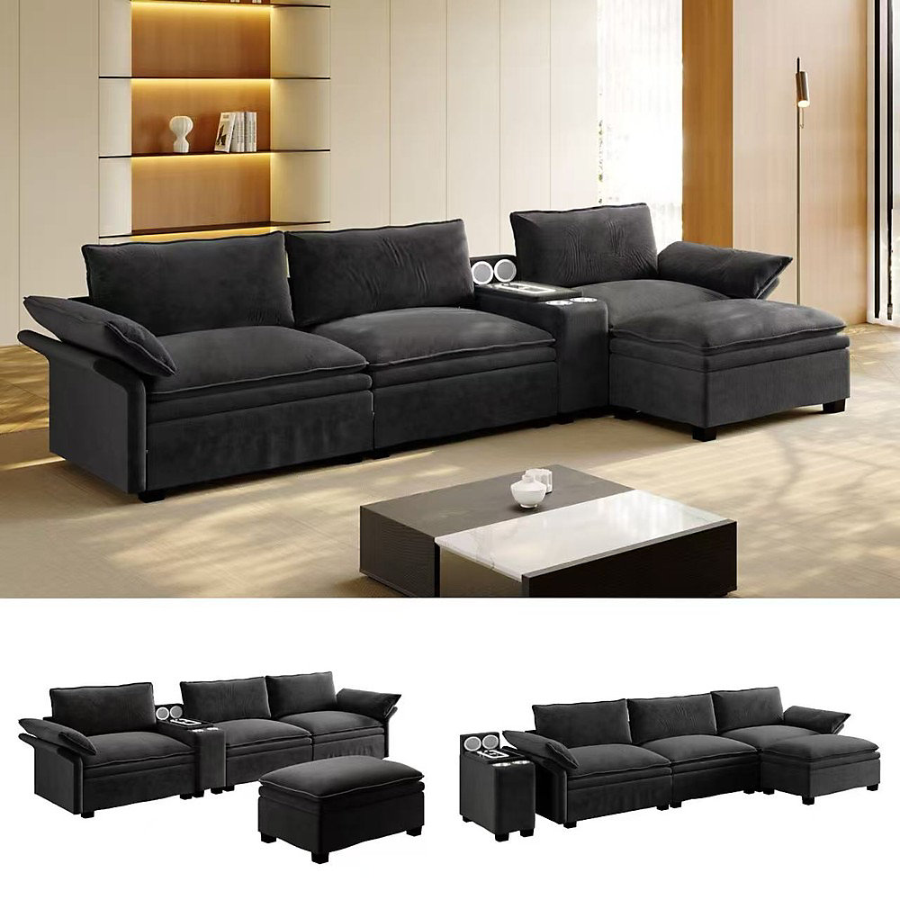 Canapé modulaire – 315cm,noir, L-forme, stockage, charge sans fil, haut-parleur, lumière, porte-gobelets