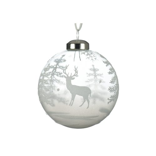 BOULE EN VERRE BLANCHE AVEC SAPINS ET CERF - ∅8CM