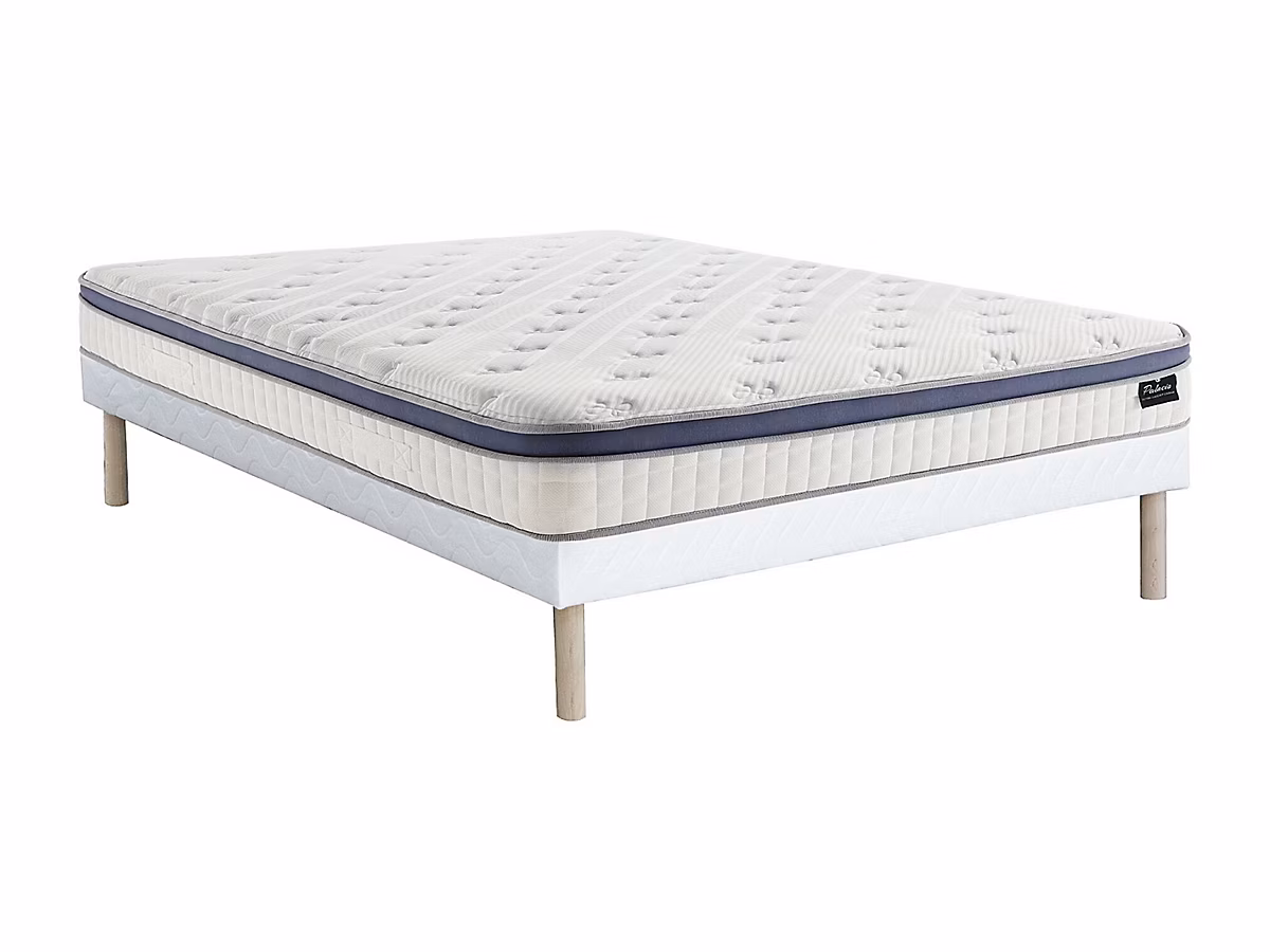 Ensemble 140 × 190 cm sommier tapissier + matelas hybride ressorts ensachés 7 zones et mémoire de forme ép.25cm – MALAO de PALACIO