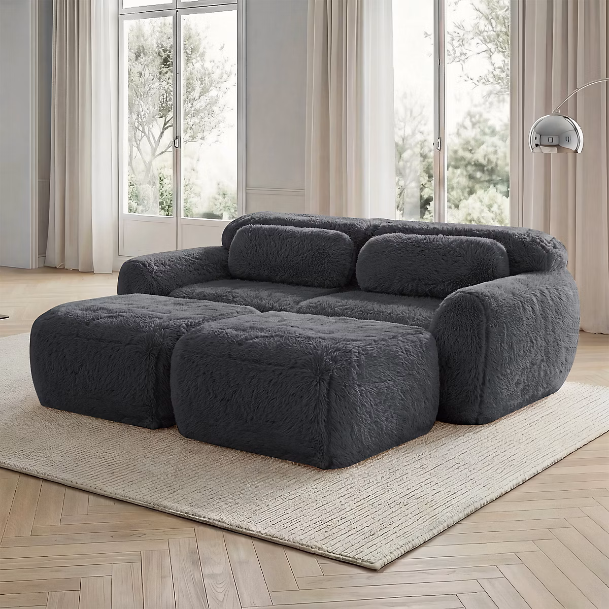 Canapé modulaire sans os | gris – 2 ottomans – tissu pelucheux – montage libre