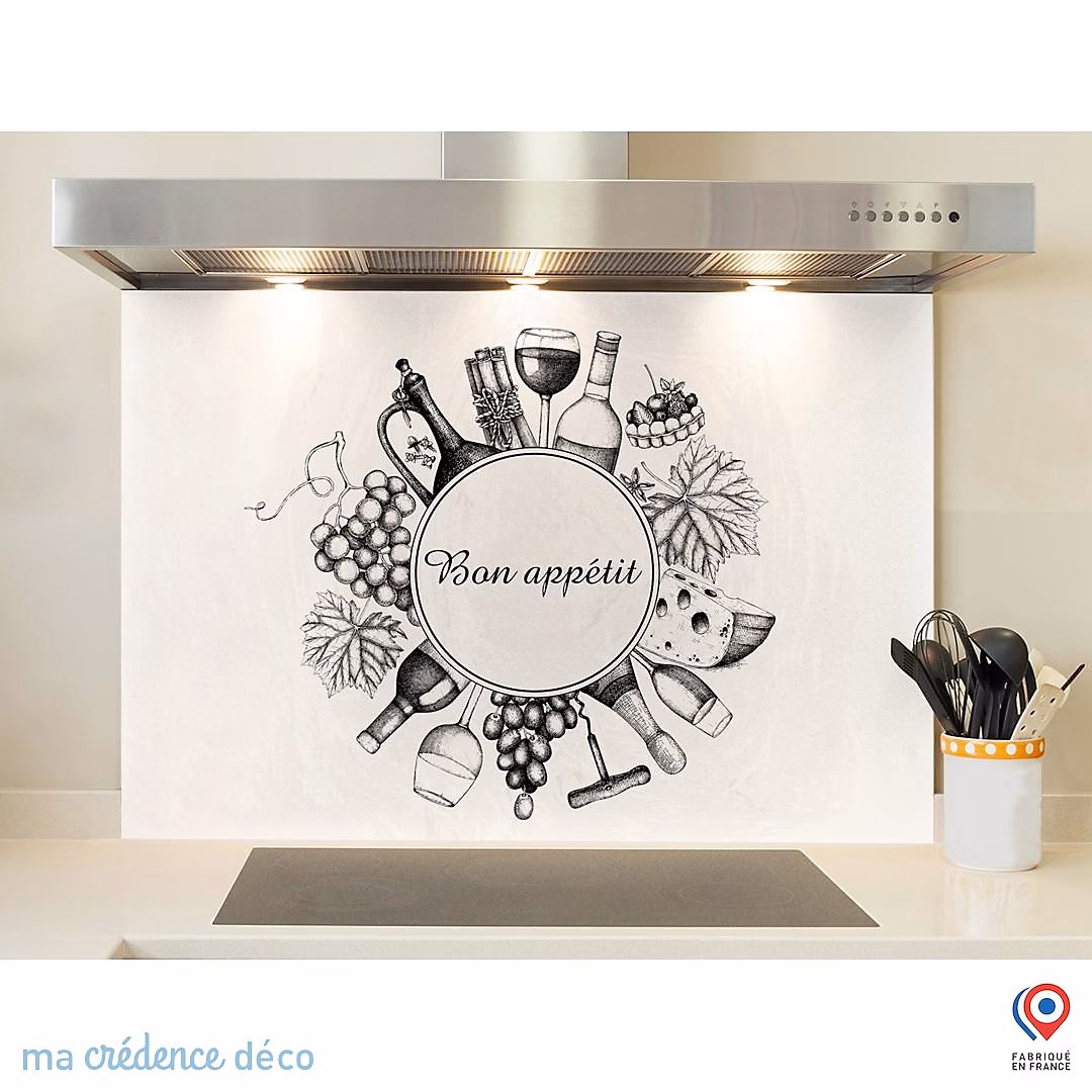 Crédence cuisine fond de hotte Bouteilles et raisins fond blanc – Verre trempé | L 90 cm x H 70 cm | MaCrédenceDéco