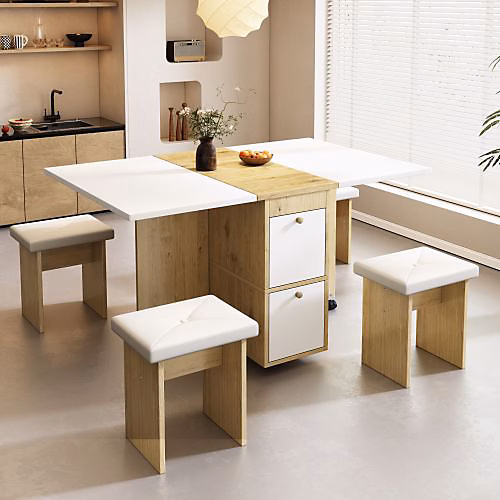 Ensemble table extensible 120 × 80 cm avec 4 chaises pliantes blanc et chêne pour salle à manger moderne