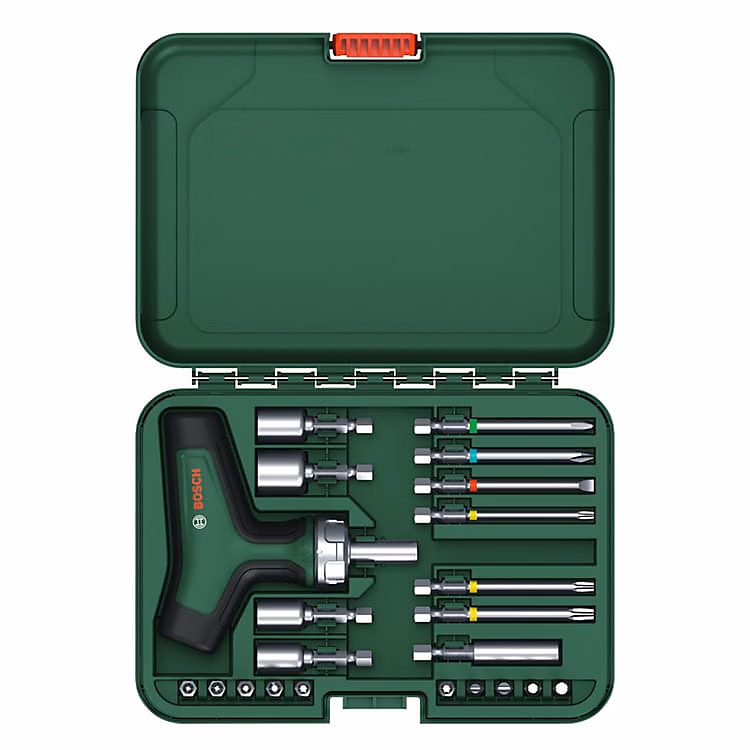 Tournevis à cliquet 22 pièces 1600A02Z9T – poignée en T Softgrip, couple 46 Nm, mallette de rangement