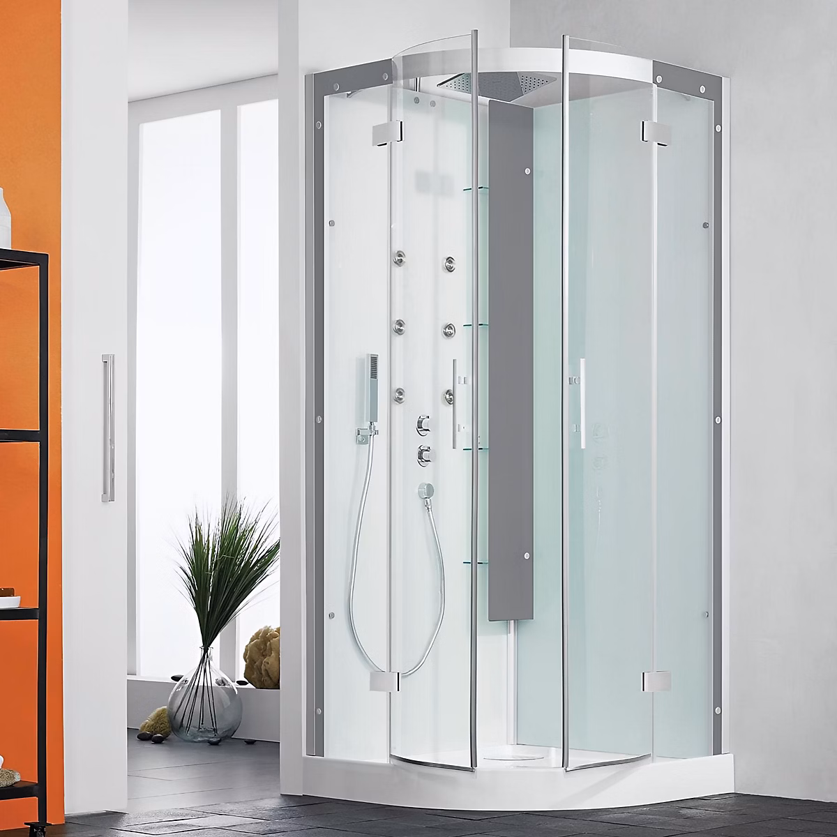 Cabine de douche hydromassante KINEDO HORIZON 90 × 90 1/4 de rond hauteur receveur 17 – 5cm 2 portes pivotantes finition acier