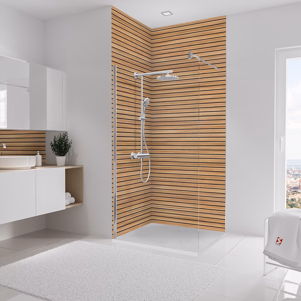 2 Panneaux muraux de salle de bains effet chêne tasseaux horizontaux | l.100 x H.255 cm – Schulte Décodesign Japandi