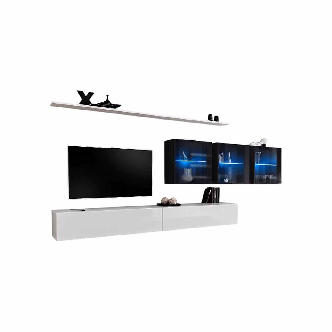Composition murale SWITCH XVII Double meuble TV – cubes vitrés LED et étagères Blanc et noir brillant Design moderne