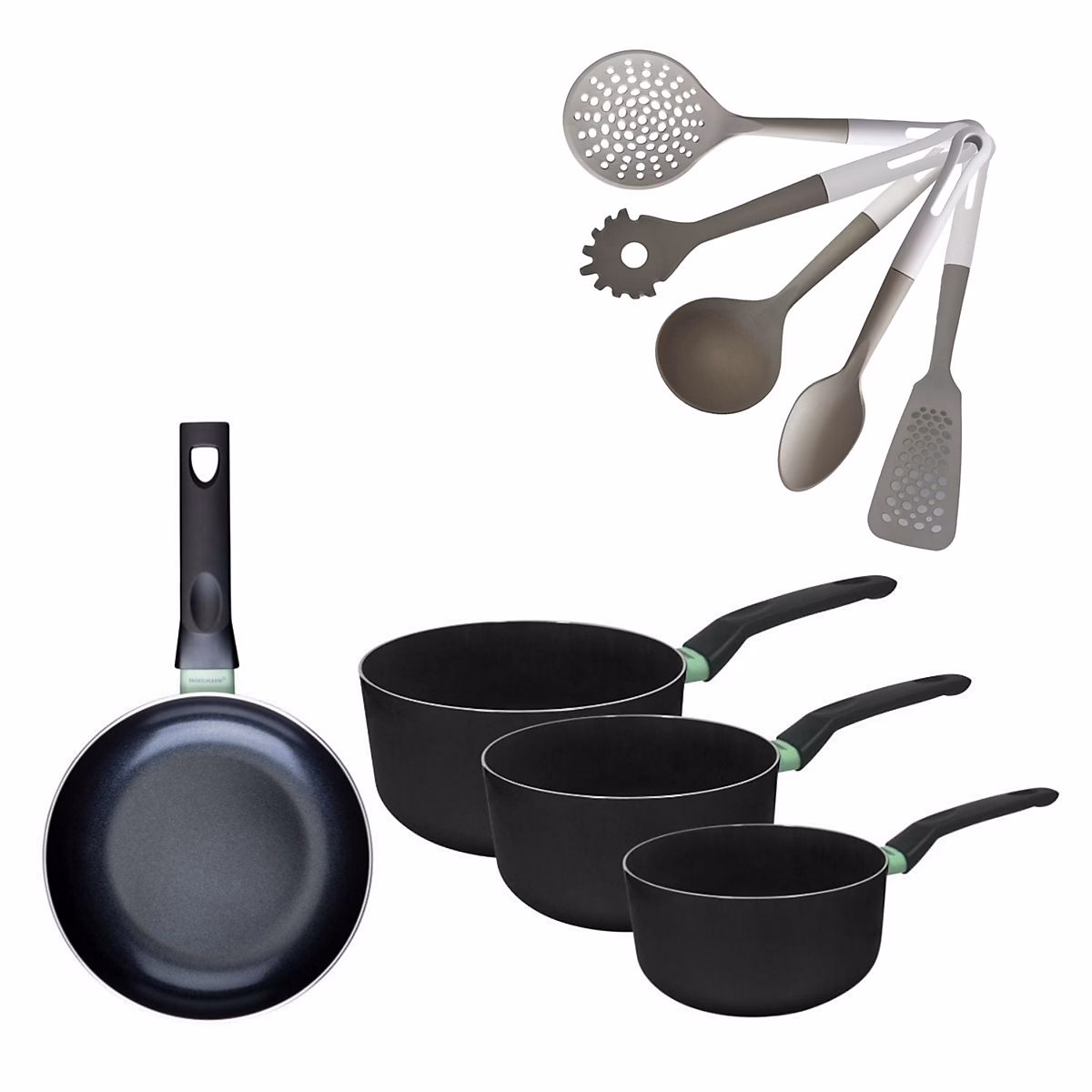 Batterie de cuisine avec 1 poêle 24 cm et 3 casseroles 16/18/20 cm et 5 ustensiles de cuisine Fackelmann Brandao Vario – Réf. MSQDVSMMU6552968016