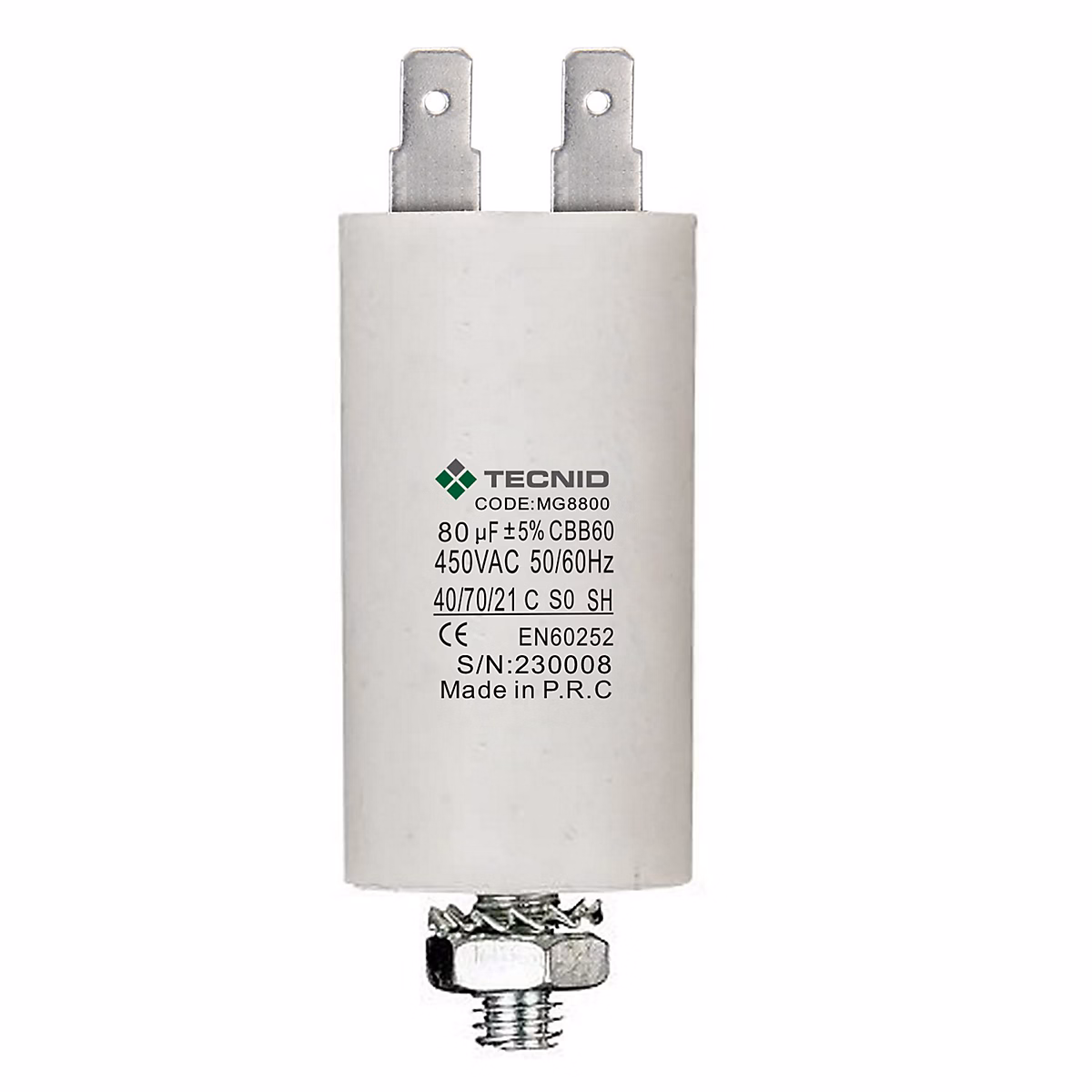 Condensateur de démarrage pour moteurs électriques – 450V, capacité : 80 microfarad, 4 broches / M8