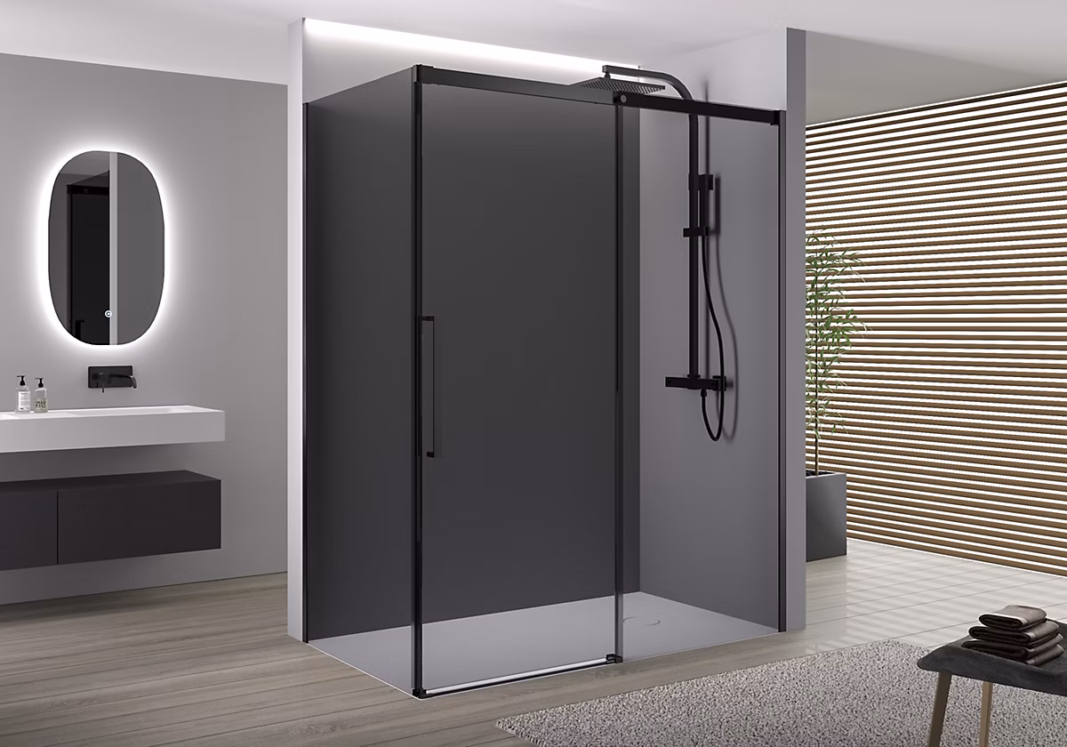 Cabine de douche d'angle 100 × 80 × 195cm (LxPxH) verre 8mm – 1 porte coulissante, Profilé noir mat, DX906 FLEX