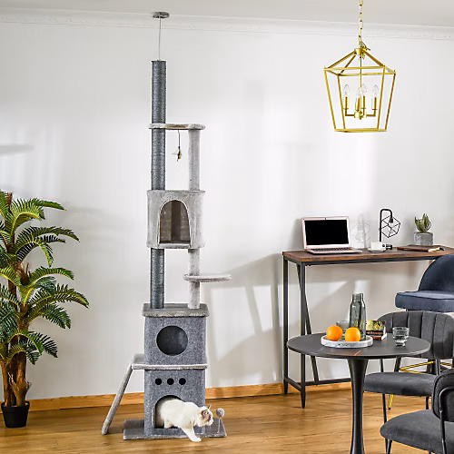 Arbre à chat PawHut XXL réglable 225 à 255 cm avec jouets et poteaux sisal gris clair | Chat