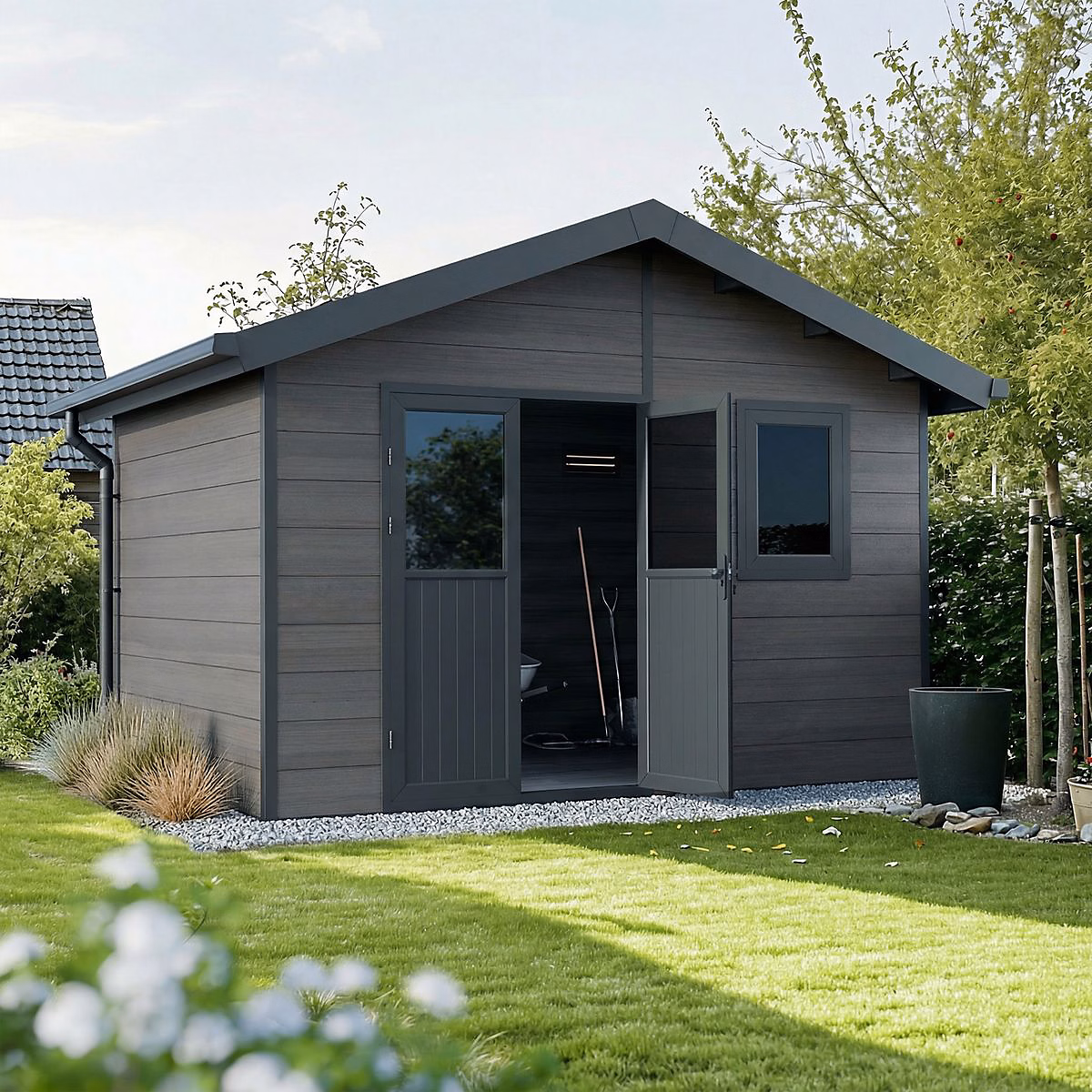 Abri de Jardin Composite ISORA – 12m2 Gris, Cabane Atelier / Abri Velo