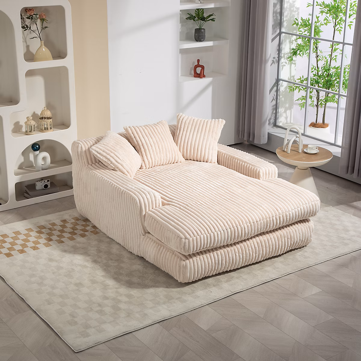 Canapé chaiselongue 125 × 155 × 63 cm en velours côtelé beige – assise moelleuse avec 3 coussins, sans montage