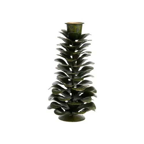 Bougeoir pomme de pin en métal vert et or - Ø 7,5 x H 14 cm