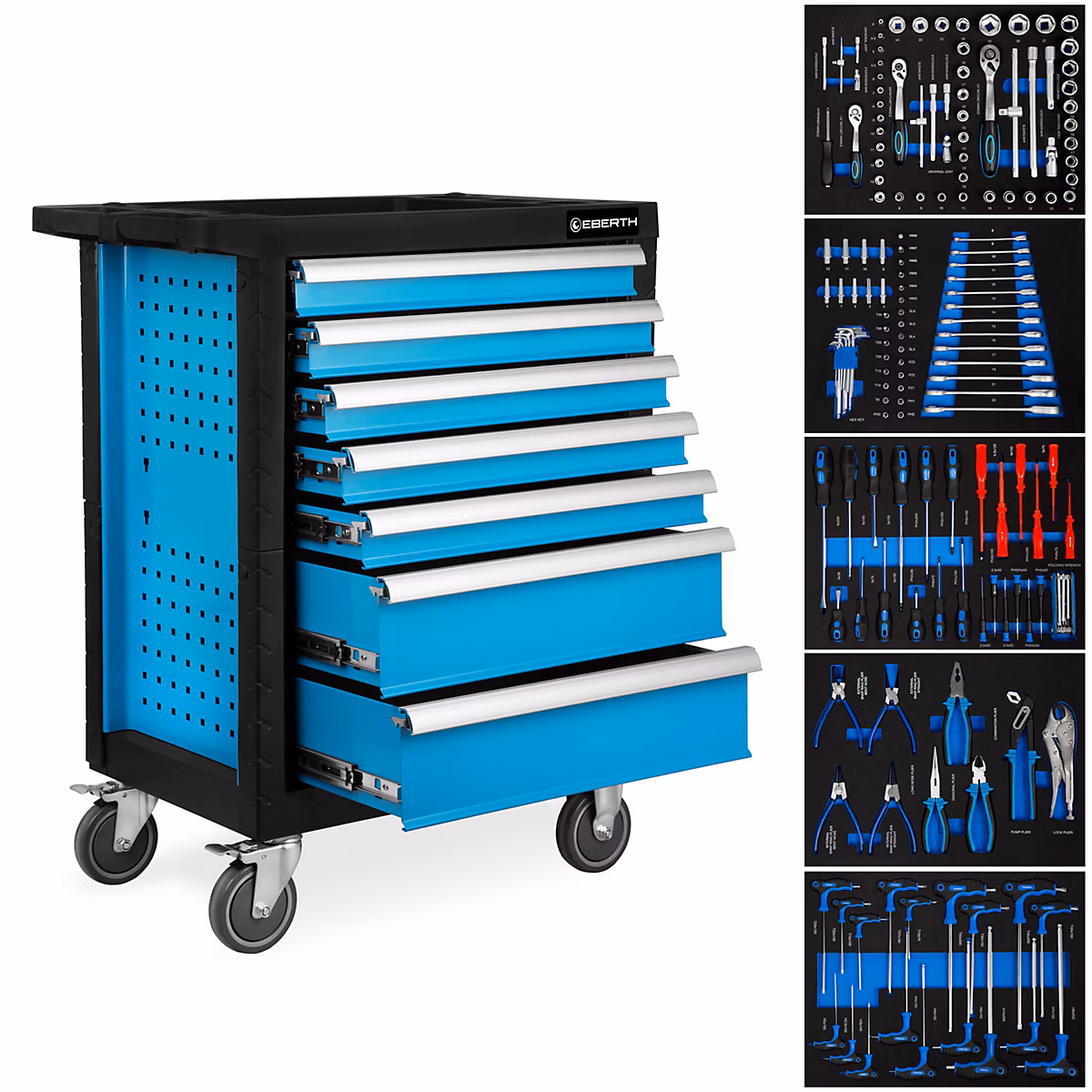 EBERTH Servante d'atelier | 167 pièces – 7 tiroirs – 5 remplis d'outils – Boîte à outils à double paroi en acier revêtement époxy bleu