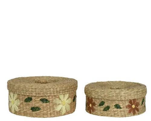 Boîte tressée en algue avec fleurs brodées rouges petit modèle - Ø 24 x H 9 cm
