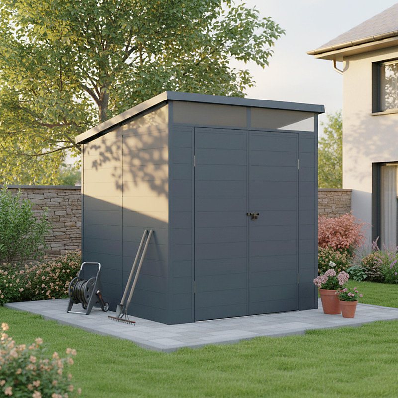 Abri de jardin résine 3 – 17m² Jôbu anthracite toit plat avec plancher