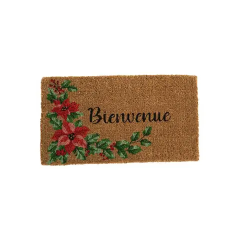 Paillasson en fibre de coco motif guirlande Poinsettia message bienvenue - 72 x 40 cm