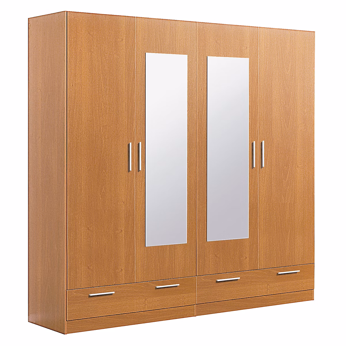 Armoire / placard de rangement de 4 portes + 2 tiroirs avec miroirs coloris Merisier – L. 202 x P. 51 x H. 200 cm