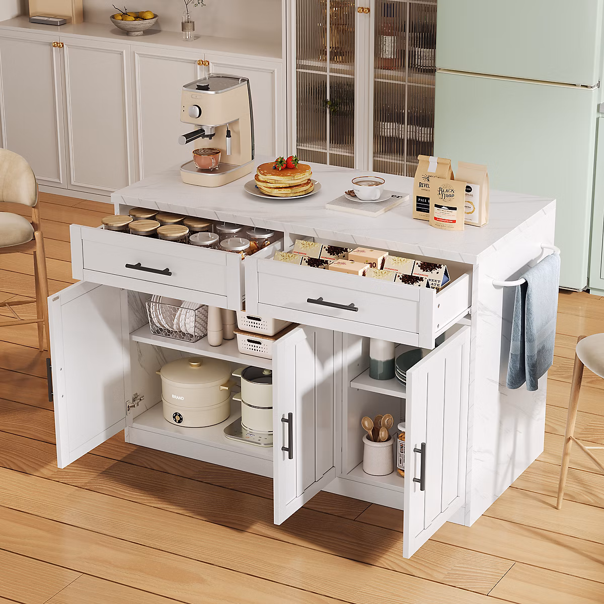 Îlot de Cuisine – desserte Multifonction avec Prise et Ports USB | Étagères Réglables | Bar Repas | MDF | Blanc | 120 × 60 × 91 cm