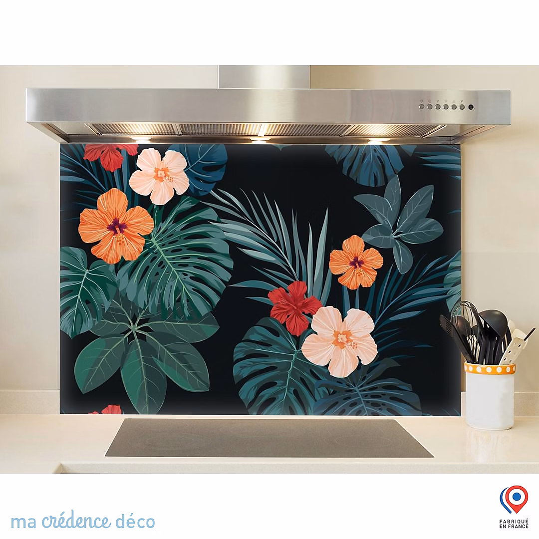 Crédence cuisine fond de hotte Végétation et hibiscus – Verre trempé, L 90 cm x H 70 cm, MaCrédenceDéco