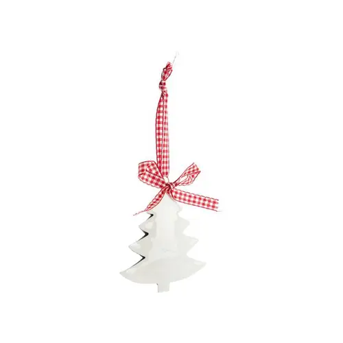 Décoration à suspendre sapin en métal blanc et nœud vichy rouge - Ø 10 cm