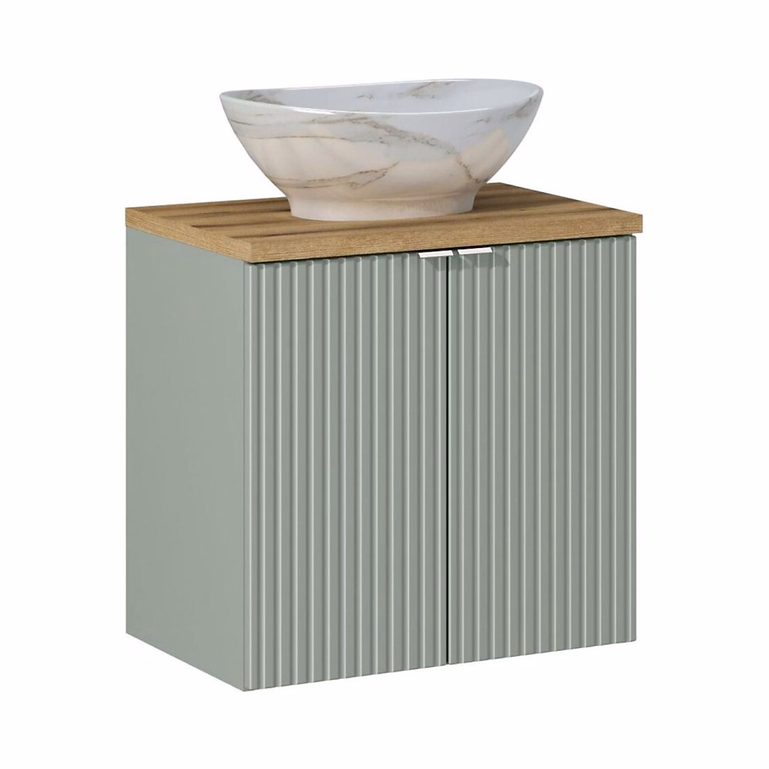 Meuble vasque – Ensemble ELVINA 60cm : meuble sous vasque à placards vert sauge gris et plan pour vasque aspect bois et vasque à poser marbrée