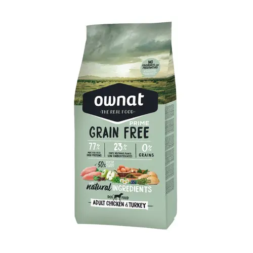 Croquette pour chien adulte au poulet et à la dinde sans céréales Ownat Prime Adult - 12 kg