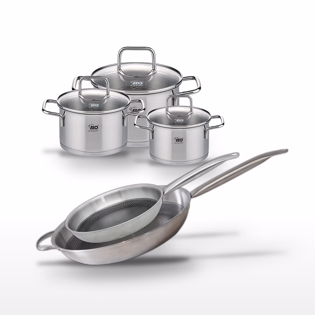 Batterie de cuisine avec 2 poêles 28/32 cm et 3 faitouts 14/16/20 cm en inox sans PFAS Elo Collection Relief Solution Citrin – Réf. OACSGPPCT1262275702