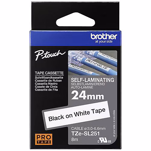 Bande auto – plastifiante TZe, SL251 24 mm x 8 m, impression noire sur blanc.