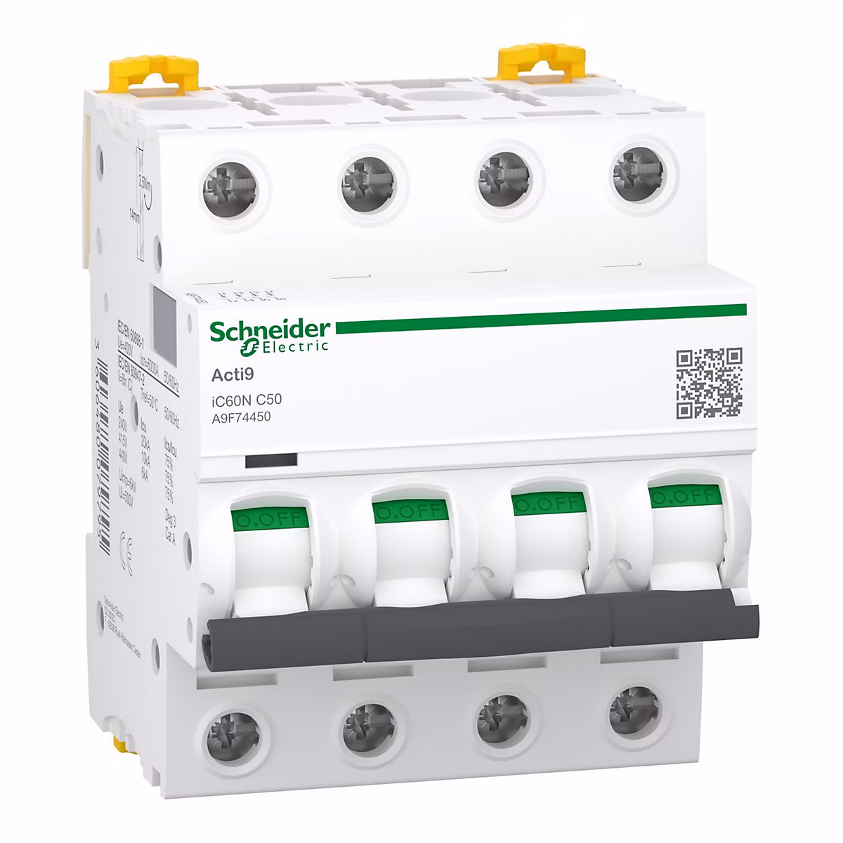 A9f74450 | Disjoncteur Tétrapolaire 4p 50a Courbe C – 4 Modules – 10ka – Schneider Electric Acti9 Ic60n