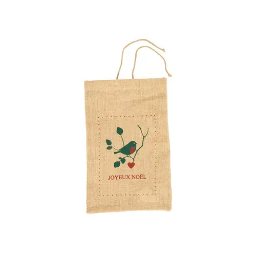 Pochette cadeau en jute décor oiseau vert et rouge - 25 x 40 cm