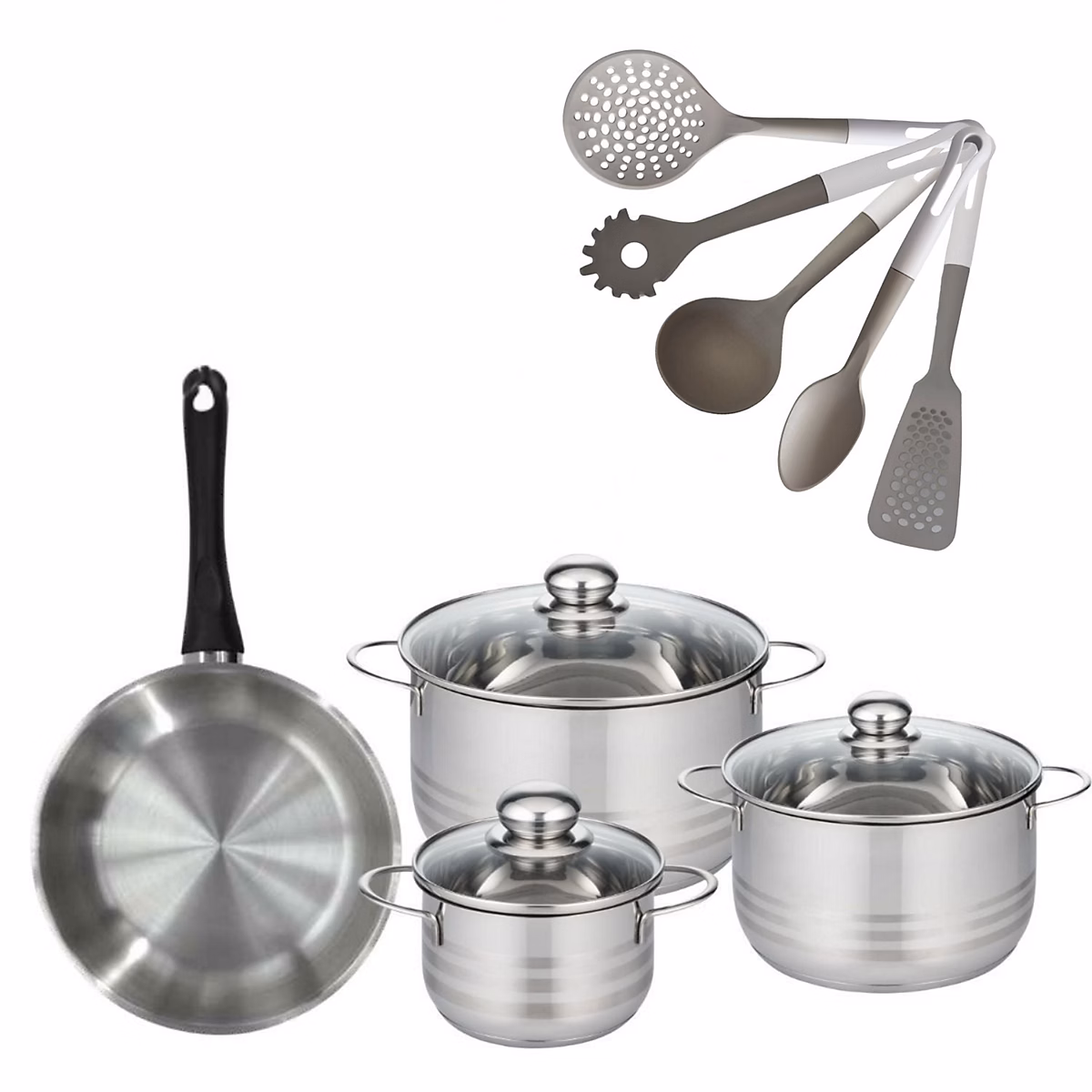 Matériel de cuisson – Batterie de cuisine avec 3 faitouts 16/20/24 cm et 1 poêle 24 cm avec 5 ustensiles de cuisine Fackelmann Généva Brillant Vario