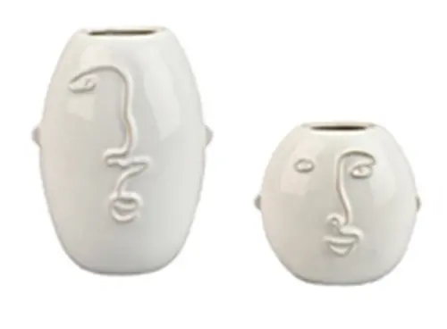 Vase en céramique décor visage coloris blanc petit modèle - 9,3 x 15,3 x 20,5 cm